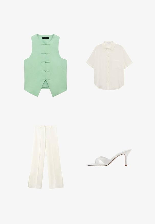Mintgrøn ærmeløs vest med høj krave, der har fem fronttoggle og vinklede sidesømme for et skræddersyet look. Glat, vævet stof.; Mango SHORT SLEEVE POCKET - Skjortebluser - off-white; Hvide vidde bukser med høj talje, frontknap, bæltestropper og sidesømme, der går ned til små slids ved kanten.; Hvid mule med åben tå, krydsede remme og en slank mellemhøj stiletthæl, vist i profil på en hvid baggrund.