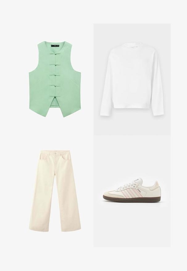 Muntgroene mouwloze vest met een hoge kraag, voorzien van vijf voorste toggles en schuin gesneden zijnaad voor een op maat gemaakte look. Gladde, geweven stof.; Gina Tricot Longsleeve - white; Wijde, hoogtaille crème broek met voorzakken, lussen voor riem en knoopsluiting, weergegeven op een witte achtergrond.; Witte leren sneakers met roze accentstrepen, een rubberen bruine zool en een suède neuskap. Voorzien van veters en een merklabel op de tong.