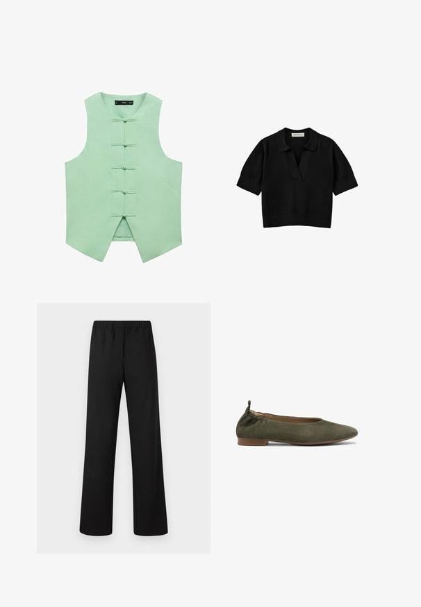 Mintgrøn ærmeløs vest med høj krave, der har fem fronttoggle og vinklede sidesømme for et skræddersyet look. Glat, vævet stof.; Sort kortærmet striktop med bred krave og dyb V-udskæring. Lavet af blødt materiale; har en tætsiddende talje med rene linjer.; Sorte elastiske taljebukser med lige ben lavet af glat stof, fladt frontstykke, ingen synlige lommer eller pynt.; Grønne ruskinds ballerinaer med spids tå, elastisk ryg og en lille brun hæl. Glat tekstur og minimalistisk design.
