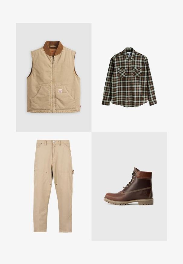 Beige mouwloze zip-up vest met een bruin geribbeld kraag en twee voorzakken, voorzien van een klein label op de rechterzak.; Bruin, beige en wit geruit overhemd met lange mouwen, met twee voorste borstzakken met knopen en een kraag, plat gelegd op een witte achtergrond.; Beige cargobroek van katoen. Kenmerkt zich door meerdere zakken, een rechte snit en knoopsluiting met metalen hardwaredetails.; Bruine leren veterschoen tot de enkel met gevoerde kraag, contrasterende stiksels en een robuuste zool, getoond vanaf de buitenkant op een witte achtergrond.