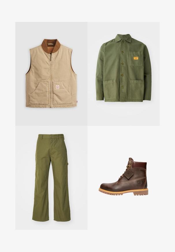 Beige ärmellose Zip-Weste mit braunem Rippkragen und zwei Fronttaschen, mit einem kleinen Patch-Label auf der rechten Tasche.; Olivgrüne Jacke aus schwerem Baumwollmaterial, mit spitzem Kragen, Knöpfen auf der Vorderseite und zwei großen aufgesetzten Taschen. Mit einem kleinen Logo-Patch versehen.; Olivgrüne, weite Hosen aus strapazierfähigem Material, mit Knopfverschluss, seitlichen Taschen und einem geraden Saumdesign.; Braune Leder-Ankelstiefel mit runder Zehenpartie, robuster Sohle, goldfarbener Hardware und strukturiertem Obermaterial. Enthält ein angehängtes Logo-Tag.