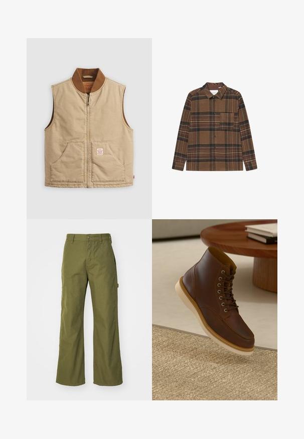 Gilet sans manches couleur beige avec col côtelé marron et deux poches avant, présentant une petite étiquette en patch sur la poche droite.; Chemise à carreaux marron en tissu doux, à manches longues, avec une fermeture à boutons, un col et une poche poitrine unique avec des rayures multicolores.; Pantalons larges vert olive en tissu durable, dotés d'une fermeture à bouton, de poches latérales et d'un design à ourlet droit.; Bottine en cuir marron avec semelle beige sur un tapis beige texturé à côté d'une table ronde en bois avec des livres empilés.