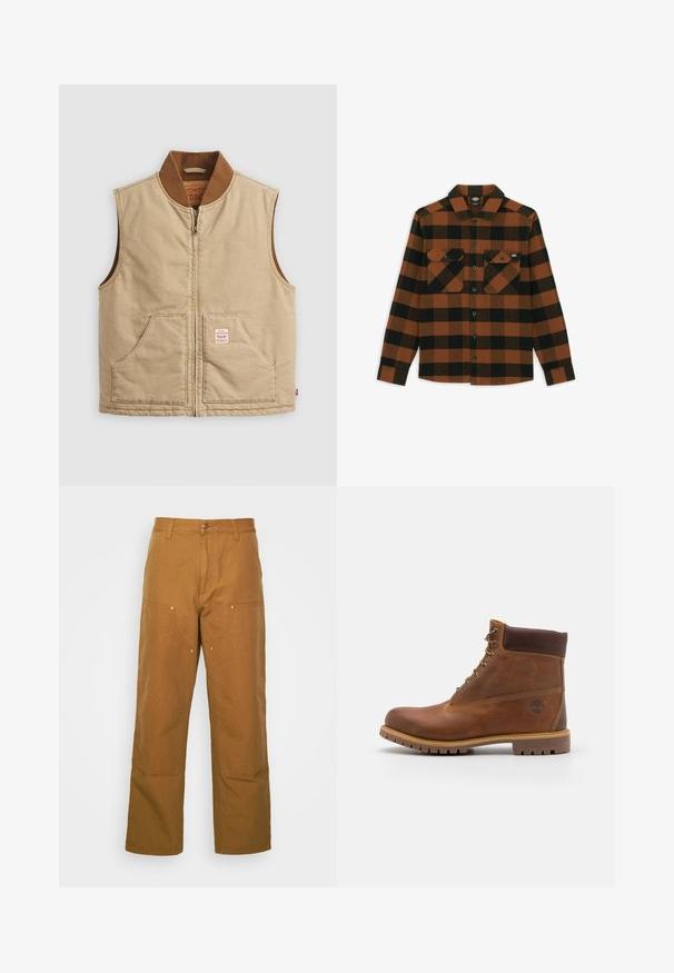 Beige ärmellose Zip-Weste mit braunem Rippkragen und zwei Fronttaschen, mit einem kleinen Patch-Label auf der rechten Tasche.; Langärmliges Hemd im orange-schwarz karierten Muster, aus einem strukturierten Stoff gefertigt. Verfügt über zwei Brusttaschen und eine geknöpfte Vorderseite.; Braune Baumwoll-Arbeitshosen mit geradem Bein, die über Vordertaschen und Metallakzente für zusätzliche Strapazierfähigkeit verfügen.; Braune Lederwanderschuhe mit glatter Oberfläche, gepolstertem Knöchel, Metallösen und einer Gummisohle mit robustem Profil.