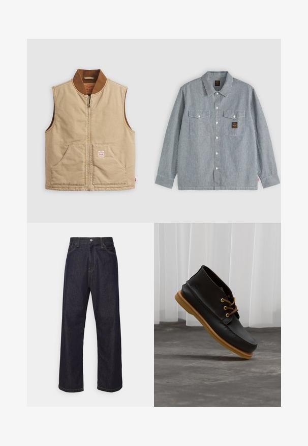 Beige ärmellose Zip-Weste mit braunem Rippkragen und zwei Fronttaschen, mit einem kleinen Patch-Label auf der rechten Tasche.; Langärmliges Hemd mit Knopfleiste, dünnen vertikalen schwarz-weißen Streifen, zwei vorderen Taschen mit Klappen und einem kleinen schwarzen Aufnäher auf der rechten Tasche.; Dunkelblaue Jeans im geraden Schnitt mit gelben Nähten, Knopfverschluss, Reißverschluss und Fünf-Taschen-Design.; Schwarze Lederschuhe mit glatter Oberfläche, runder Zehenform, braunen Schnürsenkeln und hellbraunen Gummisohlen. Logo an der Seite geprägt.
