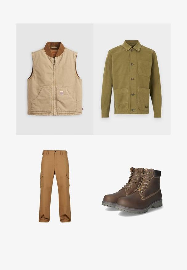 Beige ärmellose Zip-Weste mit braunem Rippkragen und zwei Fronttaschen, mit einem kleinen Patch-Label auf der rechten Tasche.; Olivgrüne Canvas-Jacke mit Kragen, zwei Fronttaschen und Knopfverschluss. Strukturierter Stoff mit sichtbaren Nahtdetails.; Braune Cargo-Hosen aus strapazierfähigem Material, mit mehreren Taschen, lockerer Passform und verstärkten Nähdetails.; Braune Leder-Ankle-Boots mit Schnürung, gepolstertem Kragen, kontrastierenden Nähten und rutschfester Gummisohle mit Trittmuster.
