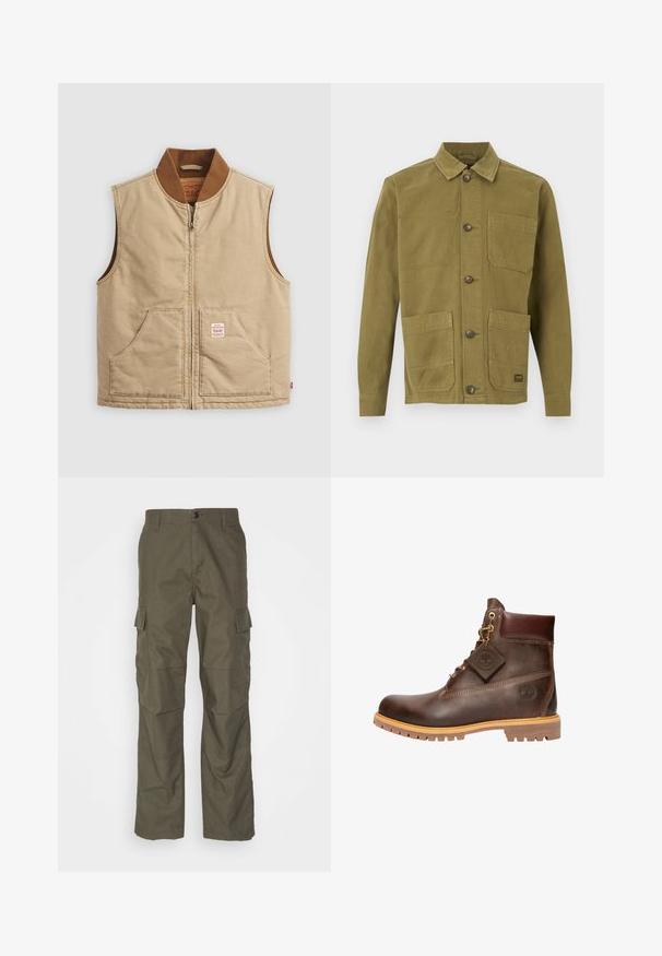Beige ärmellose Zip-Weste mit braunem Rippkragen und zwei Fronttaschen, mit einem kleinen Patch-Label auf der rechten Tasche.; Olivgrüne Canvas-Jacke mit Kragen, zwei Fronttaschen und Knopfverschluss. Strukturierter Stoff mit sichtbaren Nahtdetails.; Olivefarbene Cargo-Hose mit geradem Schnitt, aus strukturiertem Stoff. Verfügt über große Seitentaschen und einen Knopfverschluss.; Braune Leder-Ankelstiefel mit runder Zehenpartie, robuster Sohle, goldfarbener Hardware und strukturiertem Obermaterial. Enthält ein angehängtes Logo-Tag.