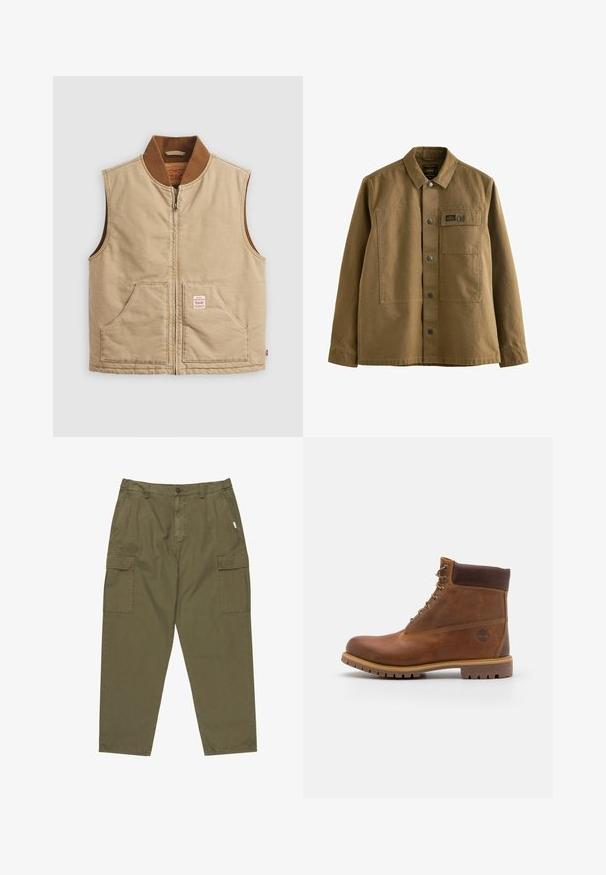 Beige ärmellose Zip-Weste mit braunem Rippkragen und zwei Fronttaschen, mit einem kleinen Patch-Label auf der rechten Tasche.; Braune Canvasjacke mit eingesetztem Kragen, vorderem Knopfverschluss, zwei Brusttaschen und strukturierter Stoffverarbeitung. Militärisch inspiriertes Design.; Olivgrüne Cargo-Hose aus Baumwolle mit Knopfverschluss, seitlichen Taschen und zwei großen Cargo-Taschen an den Oberschenkeln.; Braune Lederwanderschuhe mit glatter Oberfläche, gepolstertem Knöchel, Metallösen und einer Gummisohle mit robustem Profil.