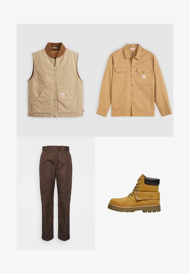 Beige ärmellose Zip-Weste mit braunem Rippkragen und zwei Fronttaschen, mit einem kleinen Patch-Label auf der rechten Tasche.; Beige Hemd mit langen Ärmeln, zwei Brusttaschen und einem kleinen Etikett. Hergestellt aus Baumwolle mit einer glatten Textur und klassischem Kragen-Design.; Braune, gerade geschnittene Hose mit glatter Textur. Verfügt über einen Gürtelschlaufen, Seitennähte und ein kleines Markenlogo am linken Bein.; Hellbrauner Arbeitsstiefel mit schwarzem gepolstertem Schaft, Schnürung vorne, umgeschlagener Lasche mit Metalleinlässen und dicker Gummiprofilsohle.