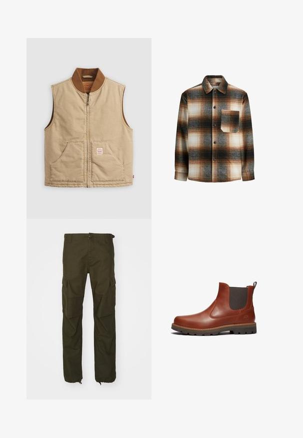 Beige ärmellose Zip-Weste mit braunem Rippkragen und zwei Fronttaschen, mit einem kleinen Patch-Label auf der rechten Tasche.; Braun karierter Flanellshirt mit Schattierungen von Schwarz und Creme, Knopfverschluss, Hemdkragen und einer Brusttasche mit quadratischem Design.; Olivgrüne Cargo-Hosen aus strapazierfähigem Stoff, mit einem Knopfverschluss, mehreren Seitentaschen und elastischen Bündchen an den Knöcheln.; Timberland BRITTON ROAD - Stiefelette - medium brown