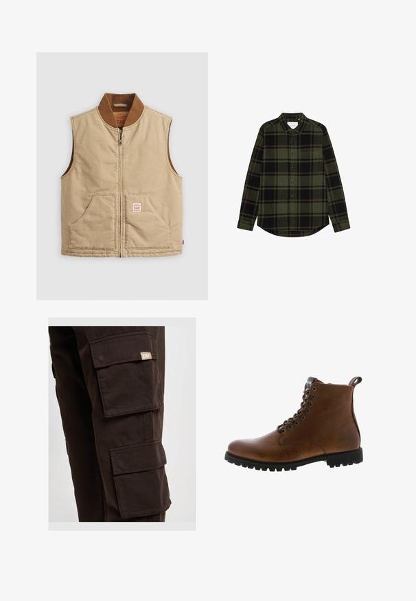Beige ärmellose Zip-Weste mit braunem Rippkragen und zwei Fronttaschen, mit einem kleinen Patch-Label auf der rechten Tasche.; Grün-schwarz kariertes Flanellhemd mit langen Ärmeln, durchgehender Knopfleiste, klassischem Kragen, Brusttasche und abgerundetem Saum.; Braune Cargo-Hosen mit mehreren Seitentaschen und einem Stoffetikett mit dem Logo "DEF." Hergestellt aus robustem Material mit einer glatten Textur.; Braune Lederstiefeletten mit strukturiertem Finish, metallischen Ösen und schwarzer Gummisohle. Mit Zuglasche hinten für einfaches An- und Ausziehen.