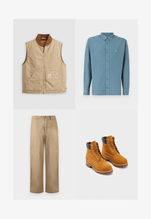 Beige mouwloze zip-up vest met een bruin geribbeld kraag en twee voorzakken, voorzien van een klein label op de rechterzak.; Lichtblauw overhemd met lange mouwen, een pointed collar en een klein logo op de linkerkant van de borst. Gemaakt van zachte, gladde stof.; Beige broek met rechte pijpen, voorzien van gordelriemlussen, knoopsluiting en ritssluiting, weergegeven tegen een eenvoudige lichte achtergrond.; Leren werklaarzen in bruin met een zwarte gewatteerde kraag, gouden veterogen en bruine rubberen zolen. Voorzien van contrasterende stiksels en een logo op de zijkant.