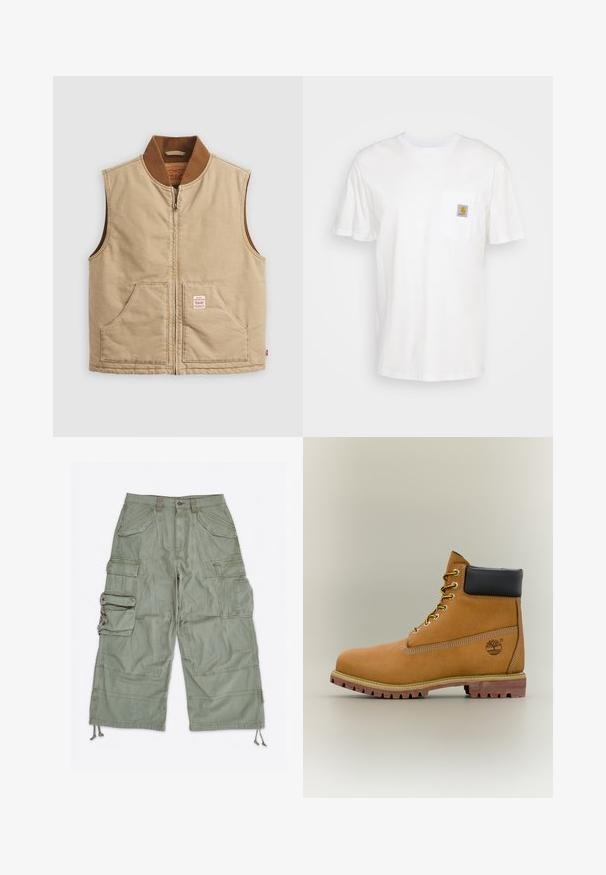 Beige ärmellose Zip-Weste mit braunem Rippkragen und zwei Fronttaschen, mit einem kleinen Patch-Label auf der rechten Tasche.; Weißes Baumwoll-T-Shirt mit kurzen Ärmeln, einer Brusttasche und einem kleinen quadratischen Logopatch in Orange und Weiß auf der Tasche.; Hellgrüne Cargoshorts mit mehreren Klapptaschen, Gürtelschlaufen, Knopfverschluss und verstellbaren Kordelzügen an den Beinöffnungen.; Brauner Leder-Stiefelette mit schwarzem Kragen, gelben Schnürsenkeln und hellbrauner Sohle. Verfügt über ein Logo und weiße Ziernähe. Robuste Profilsohle.