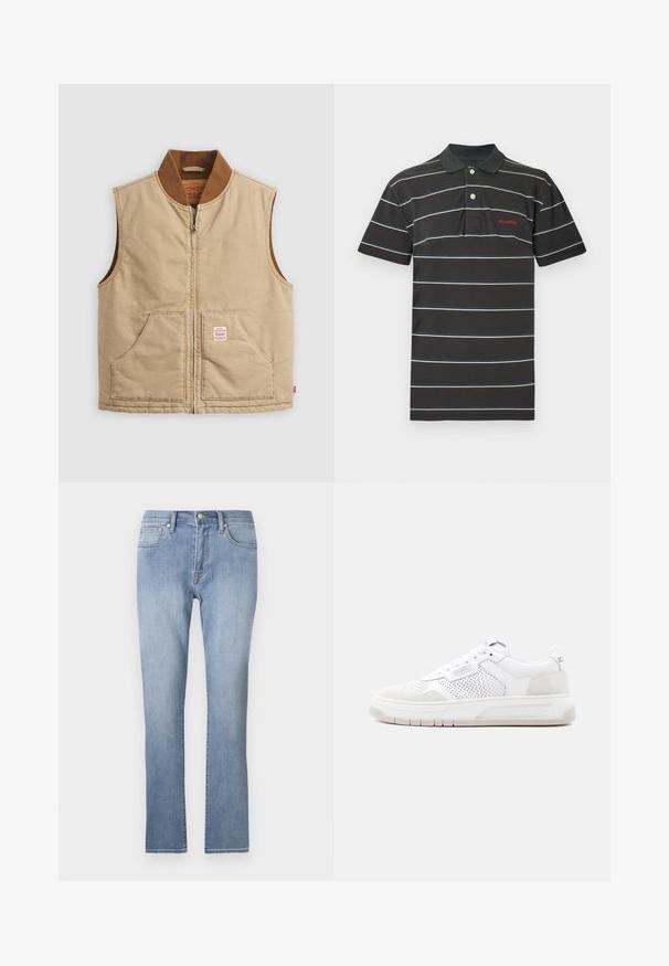 Beige ærmeløs lynlåsvest med brun ribbet krave og to frontlommer, der har et lille mærke på den højre lomme.; Sort polo shirt med hvide og blå vandrette striber, klassisk krave, to knapper og en rød logo på brystet. Materiale af bomuldsblanding.; Blå denimjeans med lige ben, der har lynlås-åbning, fem lommer og falmede detaljer på lårene.; Hvid lav-sko med perforerede sidepaneler, snøredesign, mærket "ICEBERG" på sål og side samt ruskindsdetaljer.