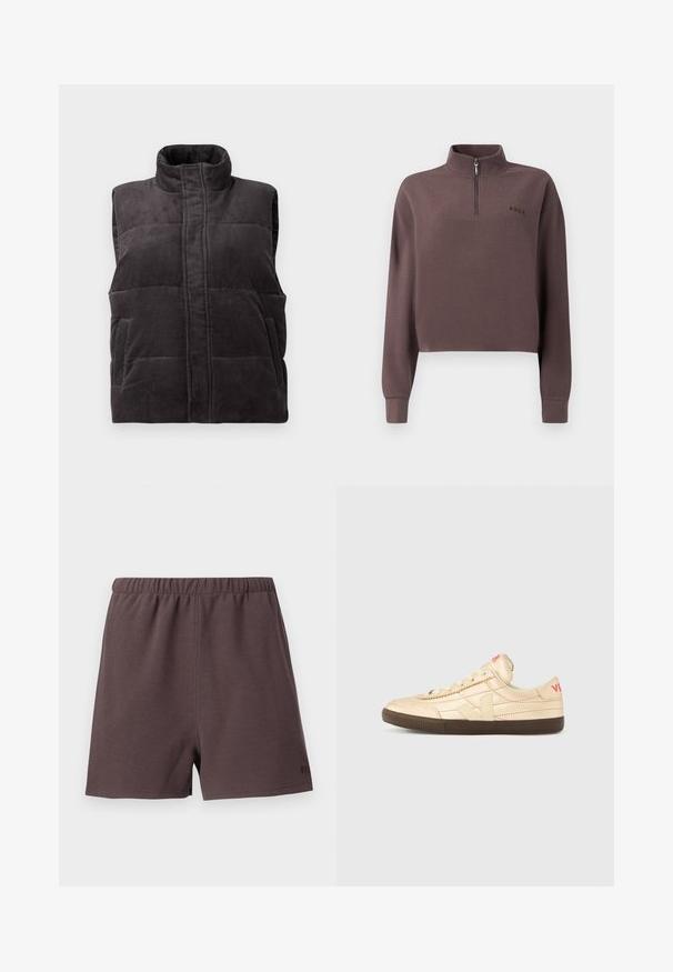 Donkergrijze corduroy gewatteerde mouwloze vest met hoge kraag en voorzakken, weergegeven op een witte achtergrond.; Geknipte, lang mouw pullover in donker mauve geribbeld materiaal met een kwart rits en een klein merkenlogo op de borst. Zachte textuur.; Donkerbruine shorts van gestructureerde, geweven stof. Heeft een elastische tailleband en een klein logo-accent aan de onderzijde aan de rechterkant.; Roomkleurige sneakers met een gestructureerde leren bovenkant, een bruine rubberen zool en een opvallend rood logo bij de hiel.