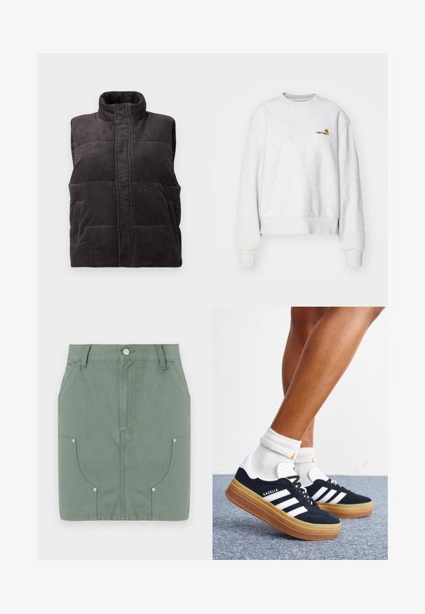Donkergrijze corduroy gewatteerde mouwloze vest met hoge kraag en voorzakken, weergegeven op een witte achtergrond.; Grijze crewneck sweatshirt van een zachte stof met geribbelde manchetten en onderrand; voorzien van een geborduurd logo op de borst in geel en bordeauxrood.; Groene katoenen rok met een fitted ontwerp, voorzien van voorzakken, een gladde textuur en metalen hardwareaccenten op de zakken.; Ben met witte sokken en zwarte Adidas Gazelle sneakers met witte strepen en dikke bruine zolen op een grijs tapijt.