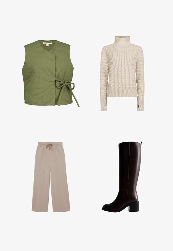 Olivengrøn quiltet vest med en indpakningsdesign, der har en båndlukning på siden. Glat tekstur med subtile bølgestingsdetaljer.; Holebrook LEAH TURTLE - Striktrøje - sandshell; Beige bukser med vide ben, elastisk talje og snøre, med detaljer ved front-sømmen og afslappet pasform.; Knæhøj brun læderstøvle med blokhæl, glat tekstur, minimal syning og en sløjfe bagpå for nem påtagning.