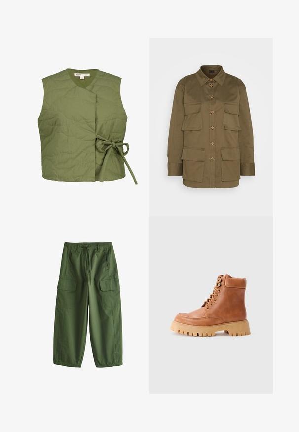 Olivengrøn quiltet vest med en indpakningsdesign, der har en båndlukning på siden. Glat tekstur med subtile bølgestingsdetaljer.; Gina Tricot CARGO SHIRT - Skjortebluser - khaki green; Grønne arbejdsbukser med vide ben, store sidelommer med klapper, bæltestropper og en foran snøre i taljen, lagt fladt på hvid baggrund.; Tan læder snørebånd ankelstøvle med polstret krave og tyk, rillede gummisål på en ensfarvet lys baggrund.