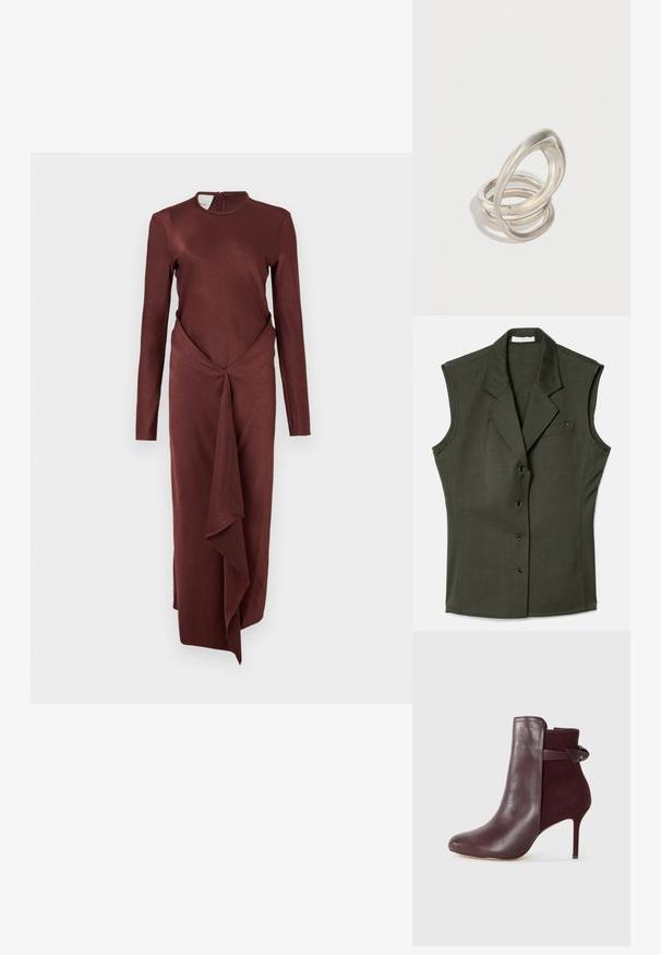 Gilet sans manches de couleur vert foncé, au design ajusté, avec un col cranté, cinq boutons sur le devant et une poche poitrine avec un détail de logo.; Robe longue bordeaux à manches longues avec un col montant, un design noué à la taille et une jupe drapée fluide. Texture de tissu lisse dans l'ensemble.; Bottine bordeaux avec une finition en cuir lisse et un panneau en daim doux, dotée d'un haut talon aiguille et d'un accent en nœud à l'arrière.; Bague multi-anneaux en argent avec des boucles entrelacées, une surface lisse et brillante, et un design minimaliste.