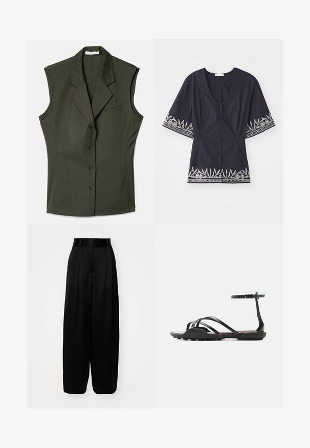 Gilet sans manches de couleur vert foncé, au design ajusté, avec un col cranté, cinq boutons sur le devant et une poche poitrine avec un détail de logo.; Blouse bleu marine avec un col en V, des manches courtes et des broderies florales blanches le long de l'ourlet et des manches. Présente une fermeture à boutons.; By Malene Birger PISCALI - Pantalon classique - black; Sandale plate noire avec de fines brides croisées sur les orteils et une bride de cheville à boucle, avec une semelle légèrement texturée pour une meilleure adhérence.