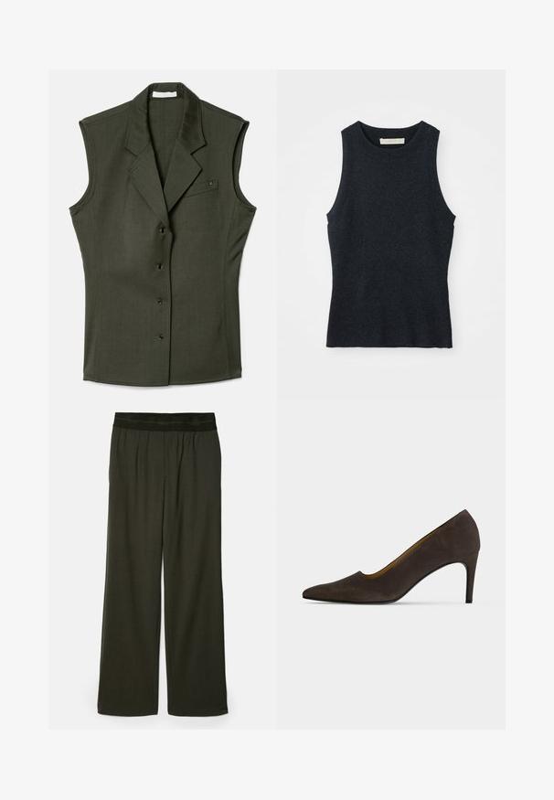 Gilet sans manches de couleur vert foncé, au design ajusté, avec un col cranté, cinq boutons sur le devant et une poche poitrine avec un détail de logo.; Débardeur en tricot gris foncé sans manches avec col rond, posé à plat sur un fond blanc.; Pantalons larges vert foncé avec une texture lisse, taille élastique et sans motifs ni accents visibles.; Chaussure à talons hauts brun foncé à bout pointu, finition lisse et talon fin sur un fond clair uni.