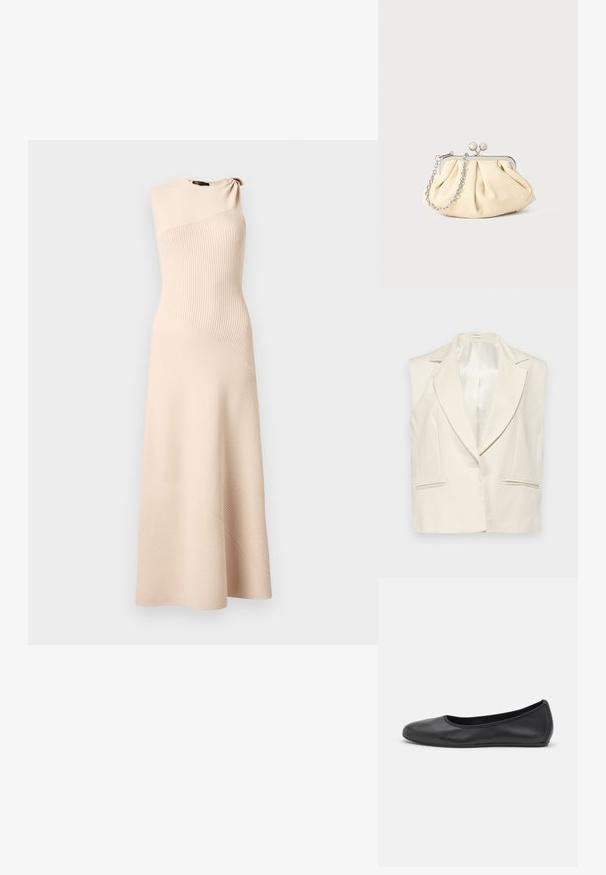 Ærmeløs blazer i linen i creme med spidse klapper, enkelt knaplukning og to forlommer. Glat satinforing indeni.; Ærmeløs beige ribstrikket midikjole med asymmetrisk halsudskæring og sølvringdetalje på den ene skulder.; Sort læderballetsko med rund tå, glat tekstur, minimal syning og et fleksibelt såldesign.; Plisseret beige læderclutch med en sølvmetalramme, der har to runde dekorative låse og en sølvkædetrasporte.