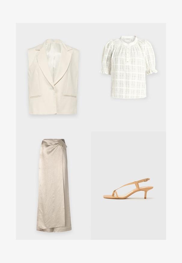 Ærmeløs blazer i linen i creme med spidse klapper, enkelt knaplukning og to forlommer. Glat satinforing indeni.; Hvid kortærmet bluse med struktureret ternet mønster, rund krave med bølget kant, knaplukning og opspilede pufærmer med flæsekanten.; Lang, beige nederdel lavet af et skinnende, struktureret stof. Har et omslagdesign med en sideløkke og en ren kant.; Nude strappy hæl sandaler med en tynd ankelrem, en glat teksturoverflade og en spids 5 cm hæl. Minimalistisk design med en flad tåbund.