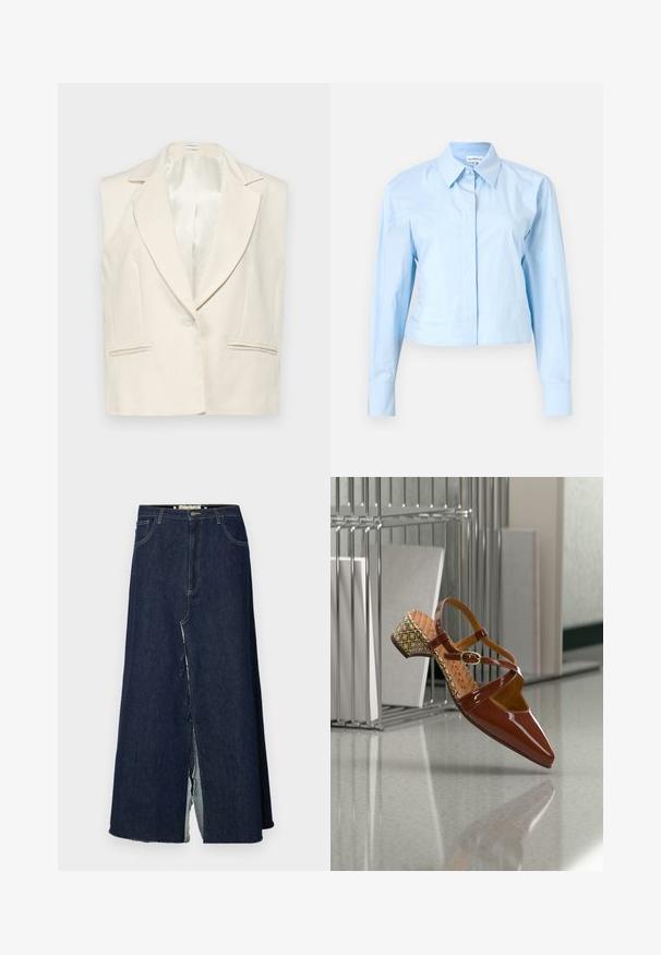 Ærmeløs blazer i linen i creme med spidse klapper, enkelt knaplukning og to forlommer. Glat satinforing indeni.; Lyseblå cropped langærmet skjorte med knapkrave, lavet af glat stof. Har en frontplacket og strukturerede manchetter.; Mørkeblå denim lang nederdel med en forslids. Funktionen har det traditionelle fem-lommer design og synlige syning detaljer. Hjemmet er flosset.; Blank brun laklæders slingback-sko med spids snude, krydsede stropper og en mønstret blokhælk med geometriske accenter.