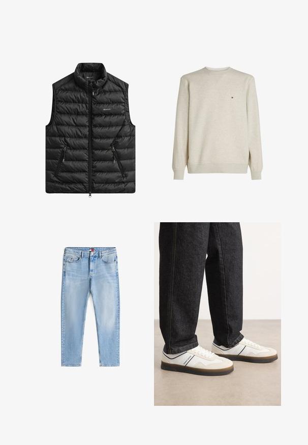 Sort polstret vest med høj krave, lynlås foran og to sidelommer. Har vandret quiltning og et logo på brystet.; Lys beige sweatshirt lavet af en bomuldsblanding, med rund hals, lange ærmer, ribbede manchetter og et lille logo på brystet.; Lyseblå afslappede jeans med fem lommer, knaplukning og let slid, lagt fladt på en hvid baggrund.; Hvide og lysegrå sneakers med en tekstureret ruskind- og læderoverdel, brun gummisål og marineblå accentstribe. Båret med mørke jeans.