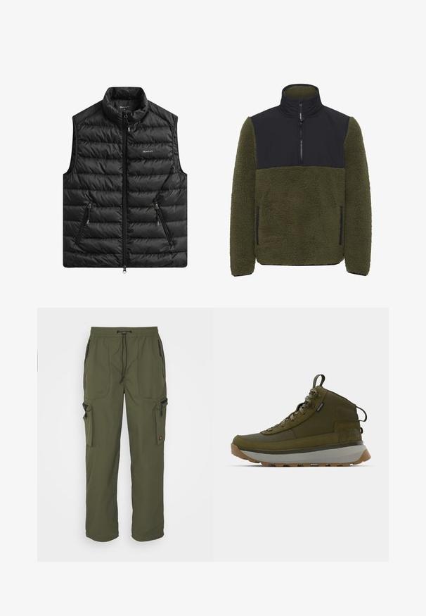 Zwart gewatteerd vest met hoge kraag, ritssluiting aan de voorkant en twee zijzakken. Heeft horizontale stiksels en een logo op de borst.; Fleece pullover in olijfgroen met een zwart nylon borstpaneel. Kenmerken zijn een hoge kraag, een halve rits en zijzakken.; Olijfgroene cargobroek van lichtgewicht stof, met een elastische tailleband, striksluiting en meerdere met rits gesloten zakken.; Wandelboots in olijfgroen met een gestructureerde suède bovenkant, grijze tussenzool, robuuste zool en reflecterende veters voor betere zichtbaarheid.