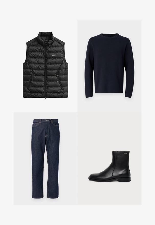 Sort polstret vest med høj krave, lynlås foran og to sidelommer. Har vandret quiltning og et logo på brystet.; Marinblå sweater, rund halsudskæring, lange ærmer, lavet af blødt stof med en glat tekstur. Enkelt design, ingen synlige mønstre eller hardware.; Mørkeblå denim jeans med lige ben-design. Har knappelukning og lynlås, fem lommer og kontraststikningsdetaljer.; Sort læderankelstøvle med lav hæl, sidesyning og lille "HUGO" logo på den øverste manchet mod en ensfarvet baggrund.