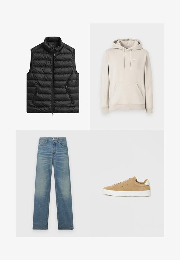 Sort polstret vest med høj krave, lynlås foran og to sidelommer. Har vandret quiltning og et logo på brystet.; Lys beige hætte sweatshirt med frontlomme, snøre i hætten, ribbede manchetter og kant, samt lille rektangulært logo på venstre bryst.; Blå lige ben jeans med falmet vask, lette malingspletter, frontknap og fem-lommes design på en hvid baggrund.; Beige ruskinds sneakers med en hvid gummisål, rund tå, flade snørebånd og et diskret logo på siden. Glat tekstur og minimalistisk design.
