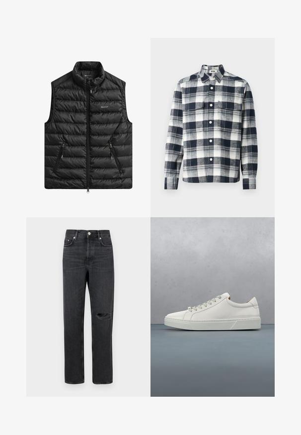 Zwart gewatteerd vest met hoge kraag, ritssluiting aan de voorkant en twee zijzakken. Heeft horizontale stiksels en een logo op de borst.; Geruit overhemd van stof in marineblauw en wit. Voorzien van een button-down kraag, een borstzak en lange mouwen.; Zwarte denim jeans met een rechte pijp, voorzien van een gescheurde knie, vijf zakken en metalen hardware bij de taille en zakken.; Witte leren sneaker met een ronde neus, minimalistisch ontwerp, grijze veters en een gestructureerde grijze rubberen zool. Fijne stikdetails zichtbaar.