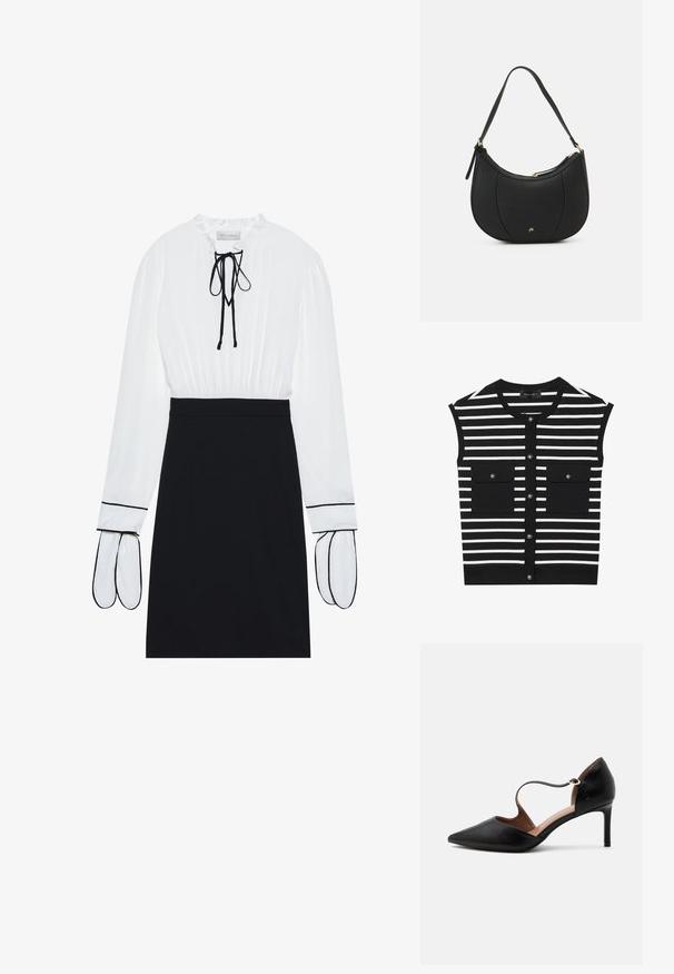 Zwart-witte gestreepte mouwloze top met een ronde halslijn, sluiting met knopen aan de voorkant en twee opgestikte zakken met drukknoopsluitingen.; Witte blouse met een geplooide halslijn en trekkoord; zwarte fitted rok met contrasterende witte bies op de mouwen. Glad stoftextuur.; Zwarte leren pumps met een puntige neus, een smalle enkelband en een midhoge stilettohak op een witte achtergrond.; Zwarte leren handtas met een gebogen vorm, textuuroppervlak, voornaden en een logo in goudkleur. Beschikt over een enkele verstelbare schouderband.
