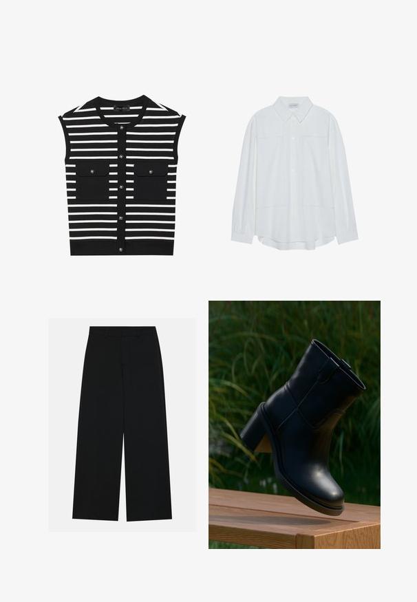 Haut sans manches à rayures noires et blanches avec un col rond, fermeture à boutons sur le devant et deux poches plaquées avec boutons-pression.; Chemise blanche à manches longues avec boutons, en tissu lisse, dotée d'un col classique, de deux poches avant et de poignets froncés.; Pantalons noirs à jambe large en tissu lisse. Dotés d'une taille plate avec passants de ceinture et sans poches visibles. Design simple.; Bottine noire en cuir à talon bloc flottant au-dessus d'une surface en bois, avec de l'herbe verte en arrière-plan flou.