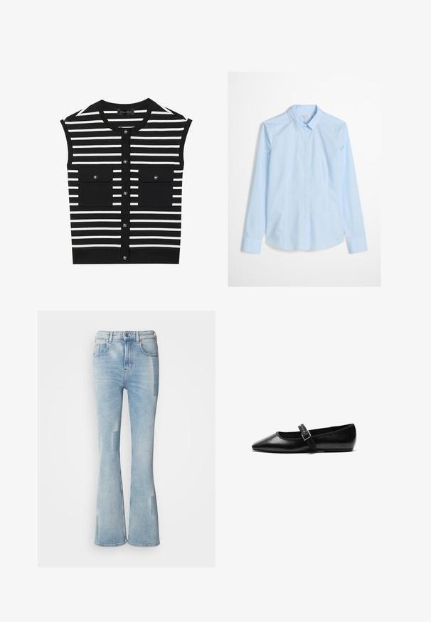 Haut sans manches à rayures noires et blanches avec un col rond, fermeture à boutons sur le devant et deux poches plaquées avec boutons-pression.; Chemise bleu clair à manches longues, col classique, avec un logo discret brodé sur la poitrine. Tissu lisse et net.; Scotch & Soda THE GLOW - Jean bootcut - art from the heart; Chaussure noire plate en cuir avec un bout pointu, bride réglable avec une boucle en métal, texture lisse et design minimaliste.