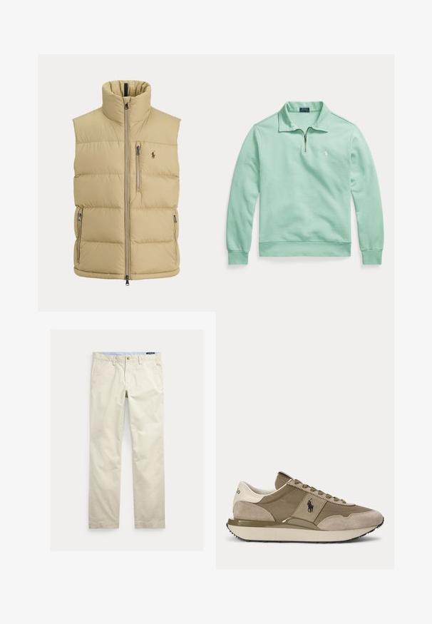 Beež padi-vest, kõrge kraega, esikinnisega, ühe rinnatasku tõmblukuga, kahe küljetasku tõmblukuga ja väikese tikitud logoga rinnal.; Pika varrukaga mündiroheline pullover kraega, esiküljel pool lukku, soonikkoes mansetid ja alläär, ning väike valge tikandiga logo rinnal.; Beežid sirge säärega puuvillased püksid vööaasade, eesnupu, luku ja küljetaskutega.; Bežide ja pruuni tossu külgvaade, millel on seemisnahast detailid ja Polo logo küljes, ühevärvilise tausta ees.
