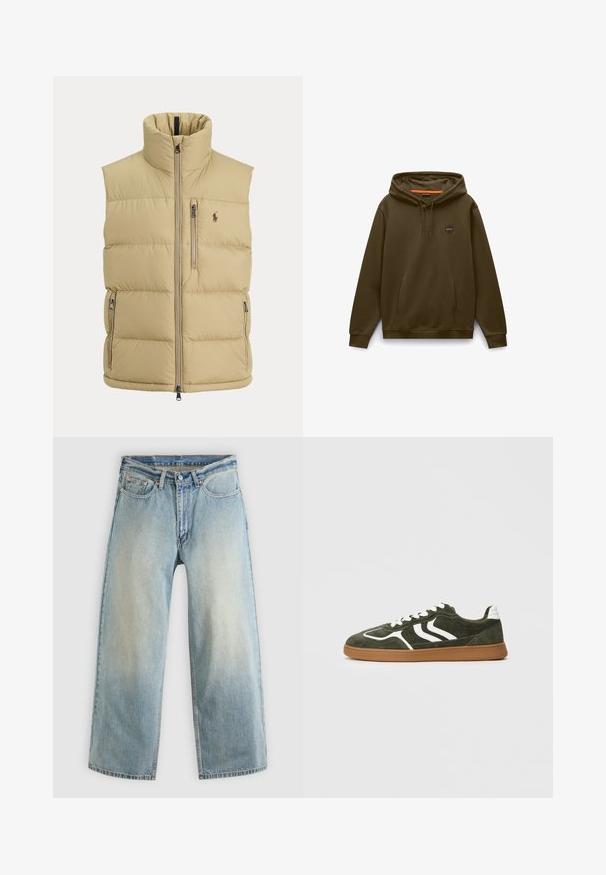 Beige Steppweste mit hohem Kragen, Frontreißverschluss, einer Brusttasche mit Reißverschluss, zwei seitlichen Reißverschlusstaschen und kleinem gesticktem Logo auf der Brust.; Brauner Pullover mit Kapuze, Fronttaschen, Kordelzug an der Kapuze, gerippten Bündchen und einem kleinen runden Logo auf der linken Brust.; Hellblaue, weit geschnittene Jeans aus Denim mit verblasstem Finish. Verfügen über ein standardmäßiges Design mit fünf Taschen und Metallknopfverschluss.; Grüne Wildledersneaker mit weißen Streifen, weißen Schnürsenkeln, einer gepolsterten weißen Ferse und einer Gummisohle, seitlich vor einem einfarbigen Hintergrund gezeigt.