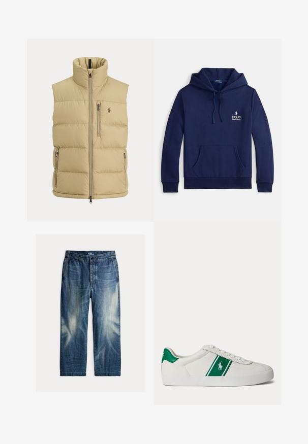 Beige toppaliivi korkealla kauluksella, edessä vetoketju, yksi rintatasku vetoketjulla, kaksi sivutaskua vetoketjulla ja pieni kirjailtu logo rinnassa.; Laivastonsininen huppari, joka on valmistettu puuvillasekoitteesta. Siinä on etutasku, säädettävä nyörhupullinen huppu ja valkoinen kirjailtu logo rinnassa.; Siniset haalistuneet farkut, joissa etutaskut, vyölenkit, nappikiinnitys ja "Polo by Ralph Lauren" -etiketti vyötärönauhassa sisäpuolella.; Valkoinen matalakärkinen tennari, jossa vihreä raita ja Polo-logo sivussa, vihreä kantaläppä ja valkoiset nauhat, esitetty vasemmalta puolelta yksivärisellä taustalla.