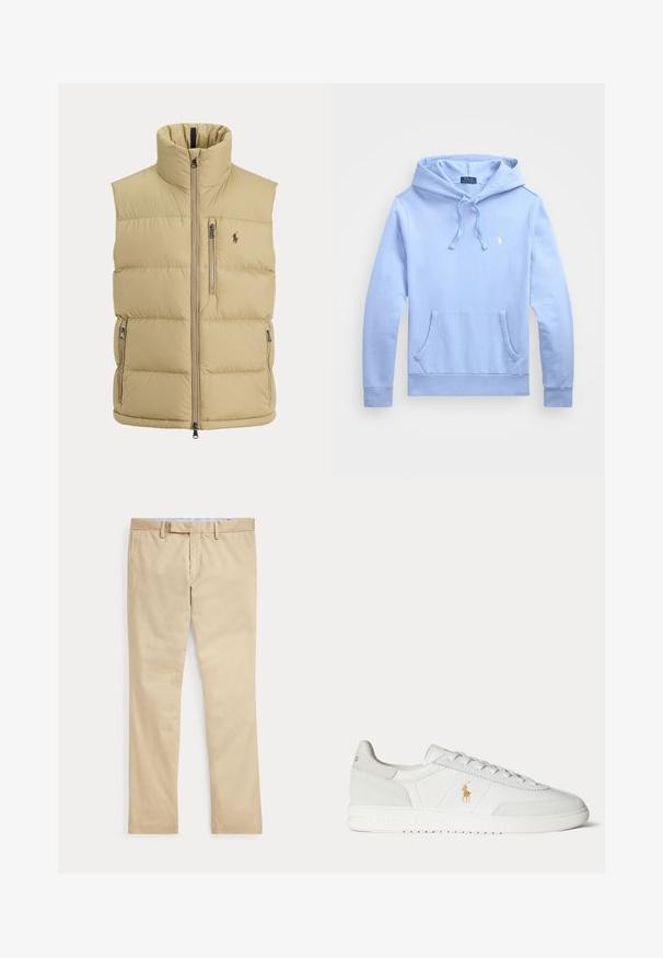 Chaleco acolchado beige con cuello alto, cremallera frontal, un bolsillo con cremallera en el pecho, dos bolsillos laterales con cremallera y pequeño logo bordado en el pecho.; Sudadera con capucha de color azul claro, hecha de algodón, con un bolsillo canguro en la parte delantera y un pequeño logo bordado en el pecho. Textura suave.; Pantalones beige de corte recto con trabillas para cinturón y cremallera frontal, colocados planos sobre un fondo blanco.; Zapatilla blanca de caña baja con diseño de cordones, logo dorado de Polo Ralph Lauren en el lateral y suela texturizada sobre un fondo liso.