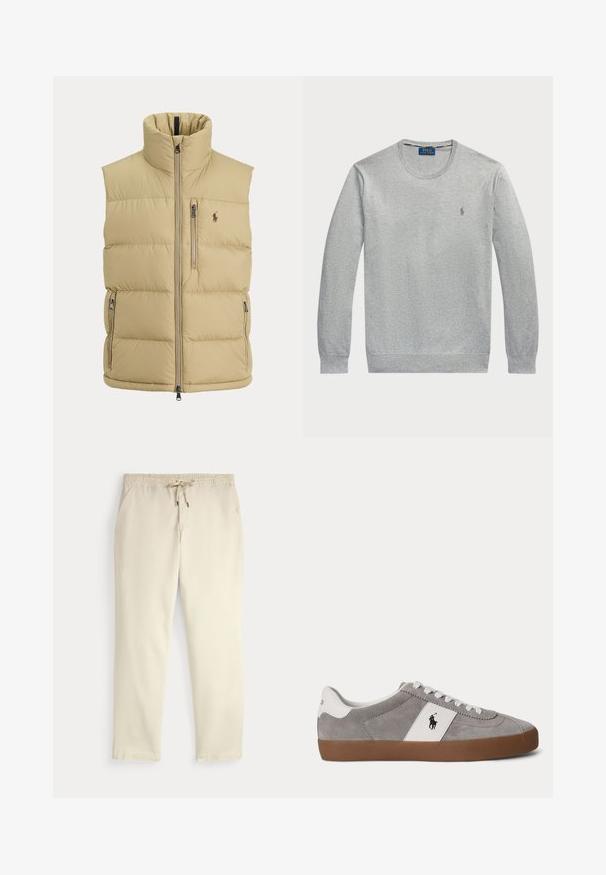 Beige Steppweste mit hohem Kragen, Frontreißverschluss, einer Brusttasche mit Reißverschluss, zwei seitlichen Reißverschlusstaschen und kleinem gesticktem Logo auf der Brust.; Grauer langärmeliger Rundhalsausschnitt-Pullover aus Baumwolle, mit einem kleinen gestickten Logo auf der linken Brust sowie gerippten Bündchen und Saum.; Beige legere Hosen mit elastischem Bund und Kordelzug, gerade Hosenbeine und seitlichen Taschen vor einem einfarbigen Hintergrund.; Low-Top grauer Wildleder-Sneaker mit weißen Schnürsenkeln, weißer Ferse und Seitenpanel mit schwarzem Polo-Spieler-Logo und brauner Gummisohle.