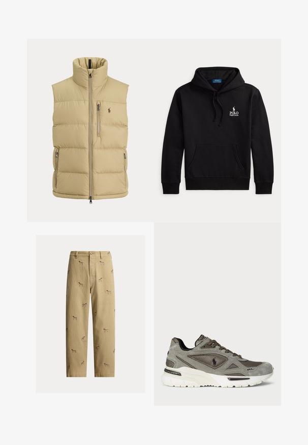 Beige Steppweste mit hohem Kragen, Frontreißverschluss, einer Brusttasche mit Reißverschluss, zwei seitlichen Reißverschlusstaschen und kleinem gesticktem Logo auf der Brust.; Schwarzer Hoodie mit Fronttasche und Kordelzugkapuze mit weißem Polo Ralph Lauren-Logo auf der Brust.; Beige Cordhosen aus Cord mit bestickten Hundemotiven, geradem Beinschnitt und Fünf-Taschen-Design mit vorderem Knopfverschluss.; Graue Wildleder- und Mesh-Sneaker mit strukturierten Details, weißer Zwischensohle und schwarzen Akzenten, ausgestattet mit Schnürsenkeln und einem Logo an der Seite.
