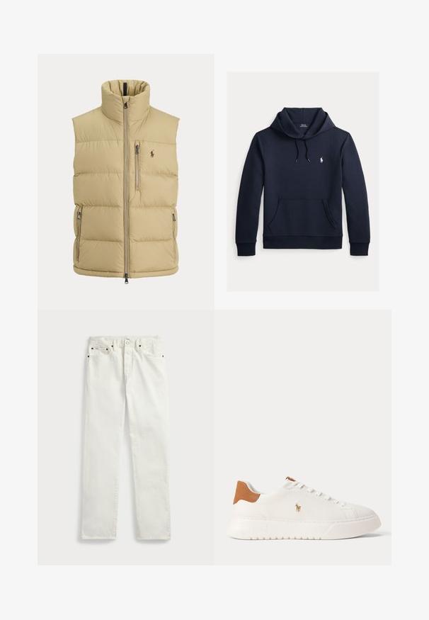 Beige Steppweste mit hohem Kragen, Frontreißverschluss, einer Brusttasche mit Reißverschluss, zwei seitlichen Reißverschlusstaschen und kleinem gesticktem Logo auf der Brust.; Dunkel marineblauer Kapuzenpullover mit vorderer Kängurutasche, Kapuzenkordel, langen Ärmeln und kleinem weißen Polo Ralph Lauren Logo auf der Brust.; Weiße Denim-Jeans mit geradem Schnitt, ausgestattet mit fünf Taschen, Metallknöpfen und Ziernähten entlang der Nähte. Glatte Textur.; Weißer Sneaker mit niedrigem Schaft, beige Fersenlasche, weißen Schnürsenkeln und kleinem, besticktem Polospieler-Logo an der Seite über einer dicken Sohle.