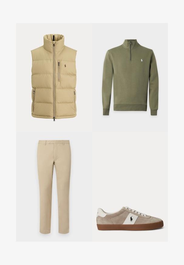 Beige toppaliivi korkealla kauluksella, edessä vetoketju, yksi rintatasku vetoketjulla, kaksi sivutaskua vetoketjulla ja pieni kirjailtu logo rinnassa.; Oliivinvihreä neljännesvetoketjullinen pusero pystokauluksella, pitkät hihat, resorireunukset ja pieni valkoinen kirjailtu logo rinnassa.; Beige puuvillahousut suoraan leikkauksella, joissa on vyölenkit, tasainen etuosa ja räätälöidyt helmat. Silkka tekstuuria ja minimaalista yksityiskohtaa.; Beigen värinen mokkanahkainen matalan mallinen lenkkari, jossa valkoiset kengännauhat, valkoinen nahkakoristelu mustalla hevosen logolla ja ruskea kumipohja.