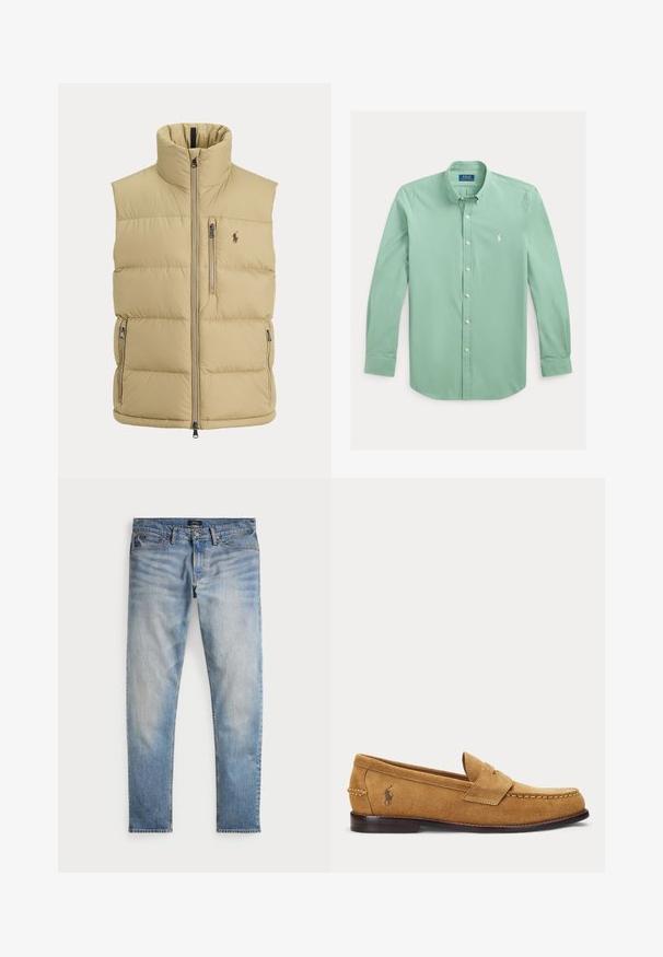 Beige Steppweste mit hohem Kragen, Frontreißverschluss, einer Brusttasche mit Reißverschluss, zwei seitlichen Reißverschlusstaschen und kleinem gesticktem Logo auf der Brust.; Langärmeliges mintgrünes Hemd mit Knopfleiste, Kragen und kleinem weißem gesticktem Logo auf der linken Brust.; Helle blaue Denim-Jeans mit einem ausgewaschenen Finish, Fünf-Taschen-Design und kontrastierenden Nähten. Mit Reißverschluss und Gürtelschlaufen. Gerade geschnitten.; Hellbrauner Veloursleder-Slipper mit genähten Details und kleinem besticktem Pferde-Logo an der Seite, mit niedrigem Holzabsatz und Schlupf-Design.