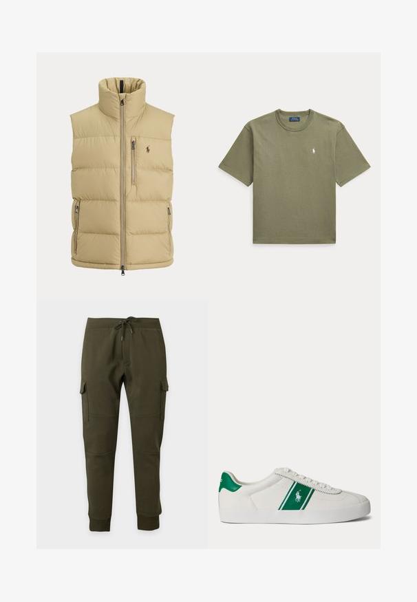Beige gewatteerd vest met hoge kraag, ritssluiting aan de voorkant, één borstzak met rits, twee zijritszakken en klein geborduurd logo op de borst.; Olijfgroene Polo Ralph Lauren T-shirt met korte mouwen, ronde hals en klein wit geborduurd logo op de linkerborst.; Donkergroene cargojoggingbroek met trekkoord in de taille, zijzakken met klep, geribde enkelboorden en kniezaaddetails op een effen achtergrond.; Witte lage sneaker met groene streep en Polo-logo aan de zijkant, groene hieltab en witte veters, vanaf de linkerkant getoond op een effen achtergrond.