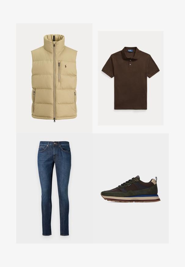 Beež padi-vest, kõrge kraega, esikinnisega, ühe rinnatasku tõmblukuga, kahe küljetasku tõmblukuga ja väikese tikitud logoga rinnal.; Pruun polo-särk, millel on tekstuuriga kangas, kolm nööpi ja lühikesed varrukad. Allääre lähedal on logo.; Tumedat sinised denim-püksid kitsas lõikes, viie taskuga ja kontrastõmblustega. Kanga tekstuur on sile ja kerge läikega.; Tume roheline ja pruun madala säärega toss, beežikas-ja sinise triibulise tallaga, paeltega kinnitatav ja kannal tõmbenööriga.