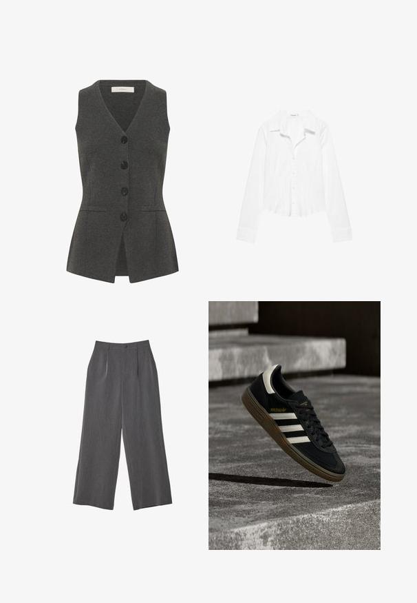 Gilet gris avec un col en V et sans manches, doté d'une fermeture à boutons, de poches latérales et d'une coupe cintrée. Fabriqué en tissu texturé.; Chemise blanche à manches longues avec col, taille légèrement cintrée et poignets boutonnés, présentée sur fond blanc.; Pantalons gris à jambes larges avec une finition texturée, dotés de plis avant, d'un système de fermeture à boutons et d'une taille sans passants pour ceinture.; Baskets Adidas noires avec des bandes blanches et une semelle en gomme flottant au-dessus d'escaliers en béton gris sous une lumière naturelle.