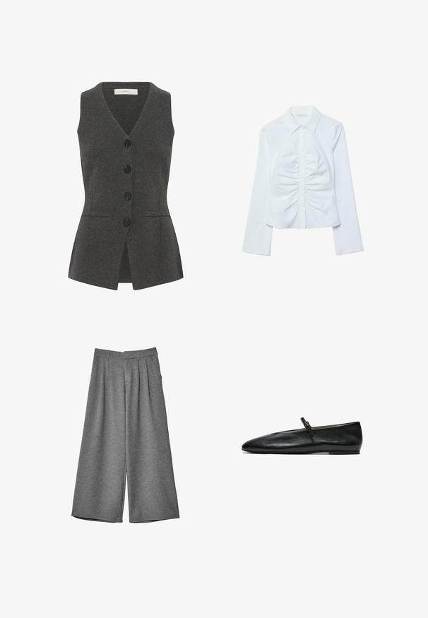 Gilet gris avec un col en V et sans manches, doté d'une fermeture à boutons, de poches latérales et d'une coupe cintrée. Fabriqué en tissu texturé.; Chemise blanche à manches longues avec boutons, col pointu et détails froncés au centre avant.; Pantalons cropped larges gris avec passants de ceinture, poches latérales et plis à l'avant, fabriqués dans un tissu doux.; Chaussure Mary Jane plate en cuir noir avec une fine bride et une boucle sur le coup de pied, présentée en profil sur fond blanc.