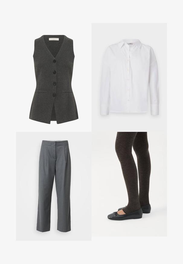 Grijze vest met een V-hals en mouwloos ontwerp, voorzien van een knoopsluiting aan de voorkant, zijzakken en een getailleerde pasvorm. Gemaakt van textuurstof.; Witte button-up shirt van katoen, met lange mouwen, een klassieke kraag en subtiele stikdetails.; Grijze op maat gemaakte broeken met een rechte pijp, met een gladde textuur, voorpijpen en zijzakken. Geen zichtbare bevestigingsmiddelen of accenten.; Benen met donkere geribbelde leggings gecombineerd met zwarte ballerina's met kleine strikdetails op een witte achtergrond.