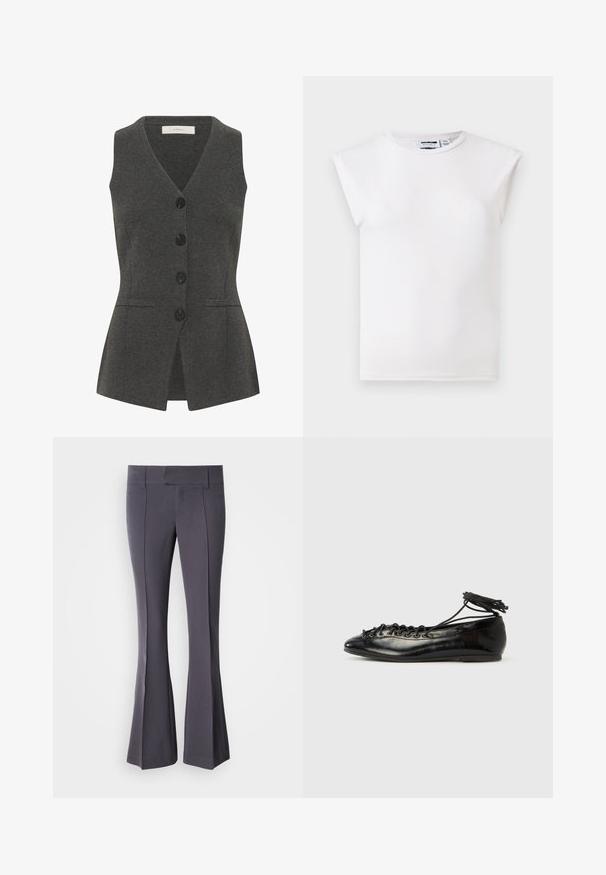 Chaleco gris con escote en V y diseño sin mangas, que cuenta con una parte delantera abotonada, bolsillos laterales y un ajuste entallado. Hecho de una tela texturizada.; Top blanco sin mangas con cuello redondo y detalles acolchados en los hombros, fabricado con tejido liso, mostrado sobre un fondo neutro.; Pantalones grises acampanados hechos de una tela suave con un ajuste a medida, que presentan líneas de pliegue frontal y una cintura de altura media.; Zapatos planos tipo ballet de charol negro con punta redondeada, diseño con cordones y suela plana. Textura lisa con detalles mínimos.